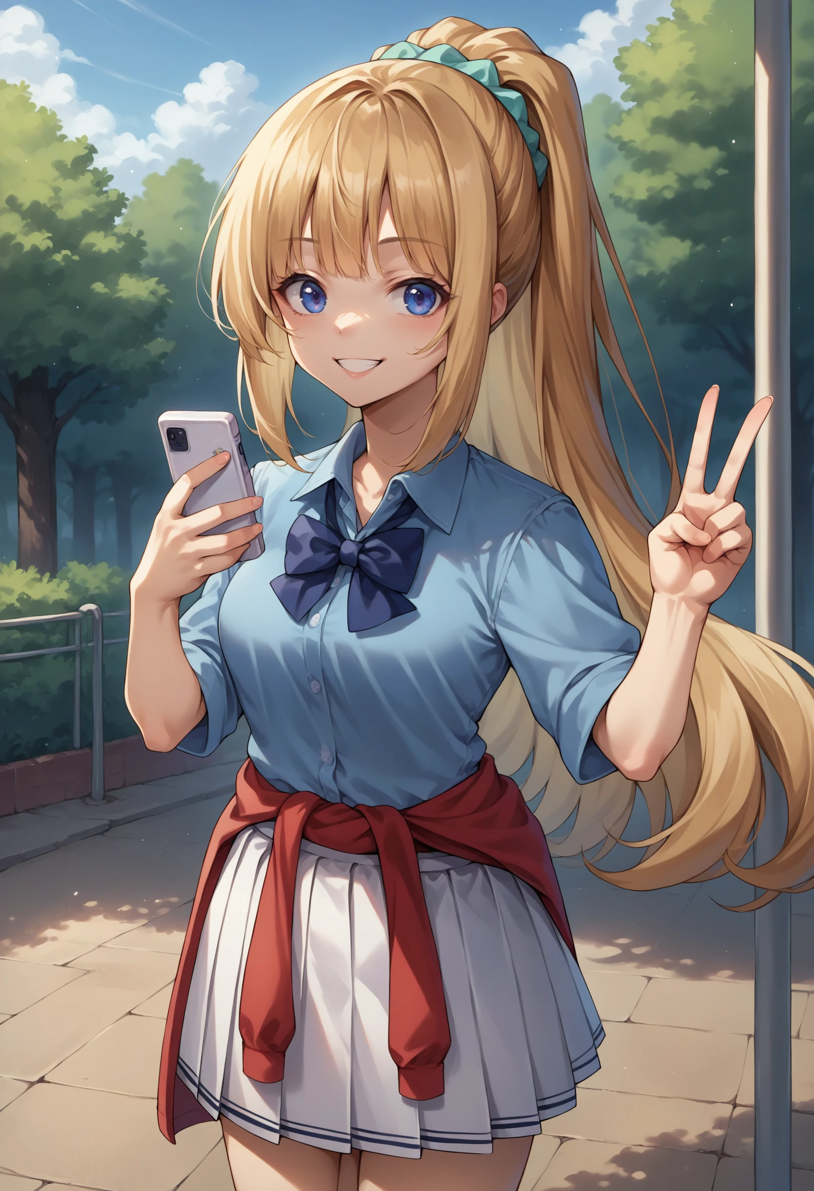 score_9, score_8_up, source_anime, 1girl, solo, KaruizawaBase, ponytail, hair scrunchie, school uniform, blue shirt, bowtie, white skirt, clothes around waist, outdoors, holding cellphone, v, smile, <lora:ChamKeiKaruizawaPonyXL:1>