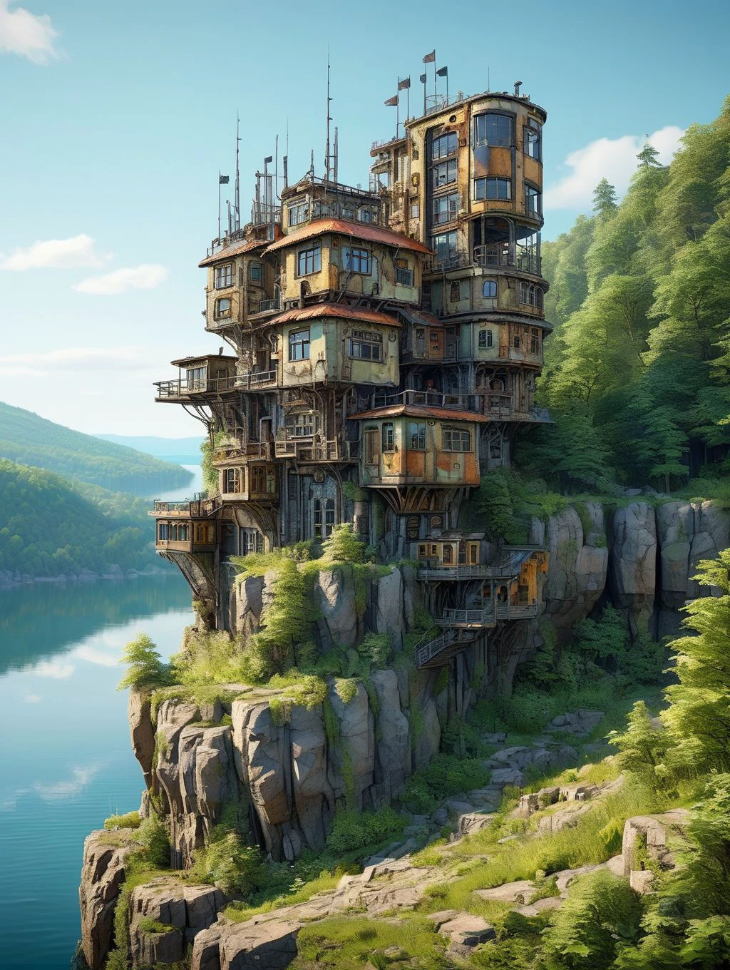 a building made from different parts on the edge of the cliff, forest, lake
WastCity <lora:Wasteland_City_XL:0.7>, detailed background, intricate, high quality exquisite details and textures, highly detailed, warm lighting, sharp focus, HDR, 8k high resolution