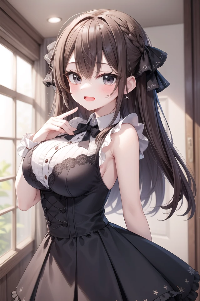 <lora:talkmouth_E_type2_v100:1>
insanely detailed, absurdres, ultra-highres, ultra-detailed, best quality,
1girl, solo, nice hands, perfect hands
BREAK
gothic theme, black gothic dress, white frill, hair dress
BREAK
(nsfw:-1.5)
BREAK
smile, open mouth
BREAK
,
standing, cowboy shot, looking at viewer
BREAK
slender, kawaii, perfect symmetrical face, ultra cute girl, ultra cute face, ultra detailed eyes, ultra detailed hair, ultra cute, ultra beautiful
BREAK
in schoolyard, depth of field, ultra detailed background
BREAK
large breasts
BREAK
brown hair, brown eyes, box braids,