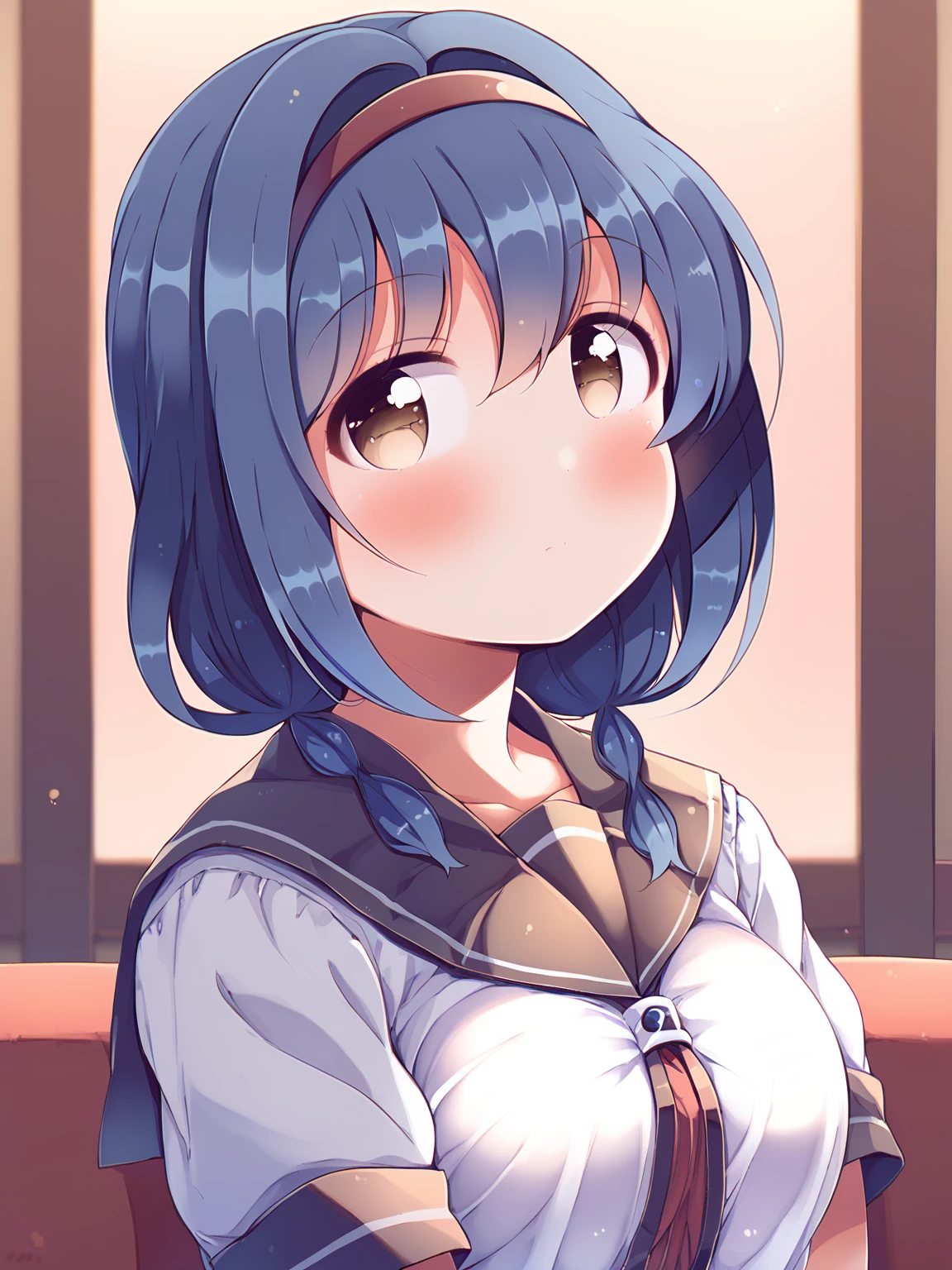 score_9, score_8_up, score_7_up, score_6_up, score_5_up, score_4_up, source_anime, <lora:furutani_himawari-ponyxl-v10h:1>, 1girl, solo, looking at viewer, furutani himawari, brown eyes, blue hair, hairband, low twin braids, nanamori school uniform, takahero style