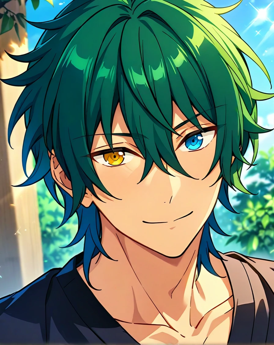 masterpiece, best quality, very aesthetic, absurdres, very detailed, score_9, score_8_up, score_7_up, depth of field, ((1boy, solo, male only, male focus, upper body, mature male)), (kagehira_mika, green hair, short hair, hair between eyes, heterochromia, blue eyes, yellow eyes),  happy, looking at viewer, facing viewer, collarbone, outdoors, black outfit, <lora:Lightning-8:1>, <lora:kagehira_mika_sdxl_lora:0.74>