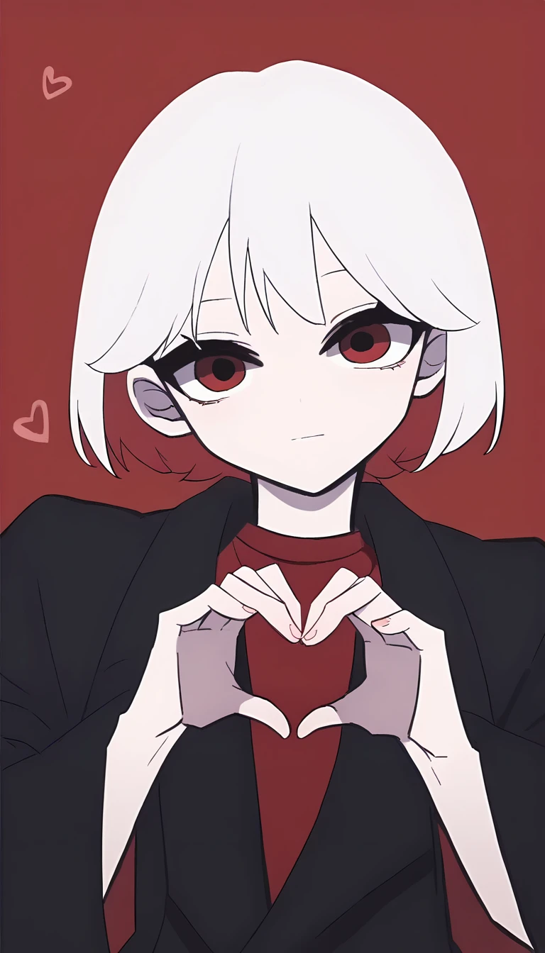 score_9, score_8_up, score_7_up, source_anime, masterpiece, 1girl, hrt111, white hair, colored inner hair, red shirt, black coat, simple background, looking at viewer, red background, upper body, heart hand, head tilt,<lora:Heart111PONY:1>,