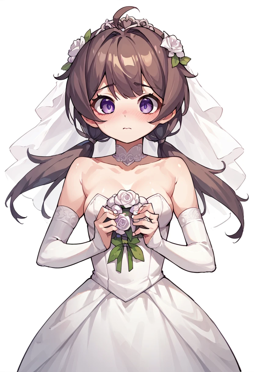 score_9, score_8_up, score_7_up, score_6_up, rating_explicit, source_anime, simple background, white background, <lora:djmaxplay-10:0.7> 1girl, play(djmax), twintails, ahoge, brown hair, purple eyes, low twintails, wedding dress,