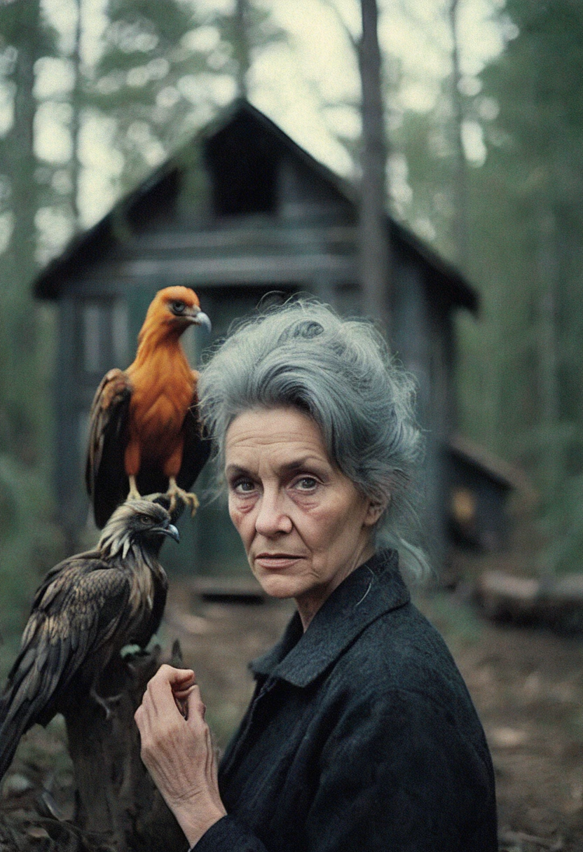 found footage grainy photograph
closeup portrait of a beautiful old witch and her phoenix near her rundown but brightly painted cabin in a scrub forest
analog film noise