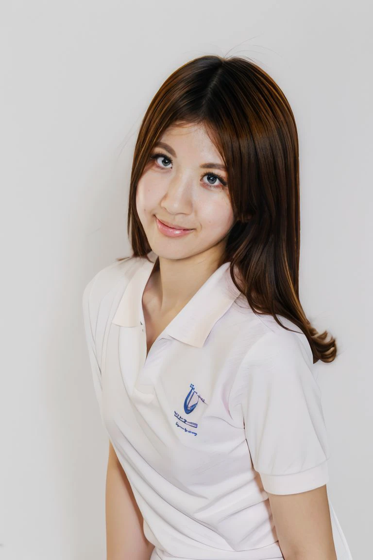 1girl, solo, small breasts, looking at viewer, realistic, photorealistic, brown hair, lips, smile, brown eyes, long hair, hyper detailed, super sharp, crisp, smooth, smooth gradients, depth of field, (in studio: 1.1), (white background: 1.1), <lora:abby:1>, <lora:breastsizeslideroffset:-0.3>, <lora:skin_slider_v2_1_FACE:0.5>, <lora:add_detail_v5:1>, (((sfw))), (((polo shirt)))