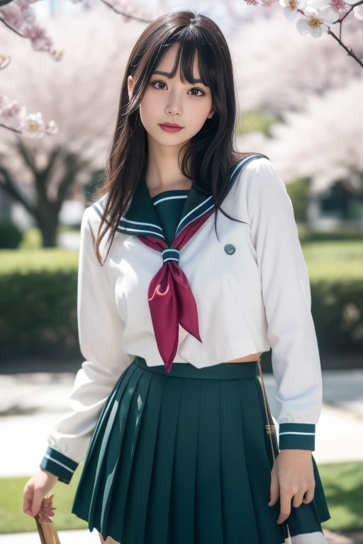 ltra-detailed,highly detailed,best quality,masterpiece,illustration,realistic,photorealistic,
kagome, 1girl, solo, portrait,
school uniform, serafuku, sailor collar, long sleeves, neckerchief, pleated skirt, 
long hair, bangs, 
looking at viewer, cowboy shot, 
cherry blossoms, blurry background, petals, flower, outdoors, 
 <lora:kagome_v1_06:0.7>