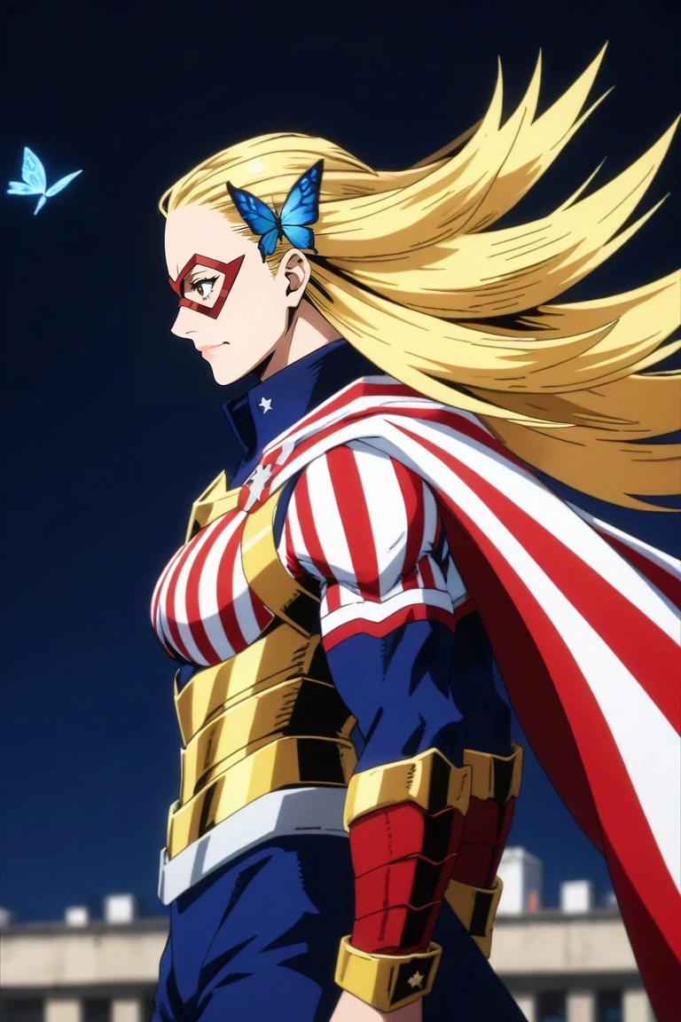 score_9, score_8_up, score_7_up, source_anime, rating_safe, , , , depth of field, 1girl, solo, <lora:cathleen_bate_pony:0.78>, cathleen_bate, blonde hair, brown eyes, long hair, superhero, cape, muscular, bodysuit, american flag, mask, from side, east asian architecture, dawn, arms at sides, smirk, school uniform, butterfly hair ornament, horse ears, <lora:sdxl_lightning_8step_lora:1>