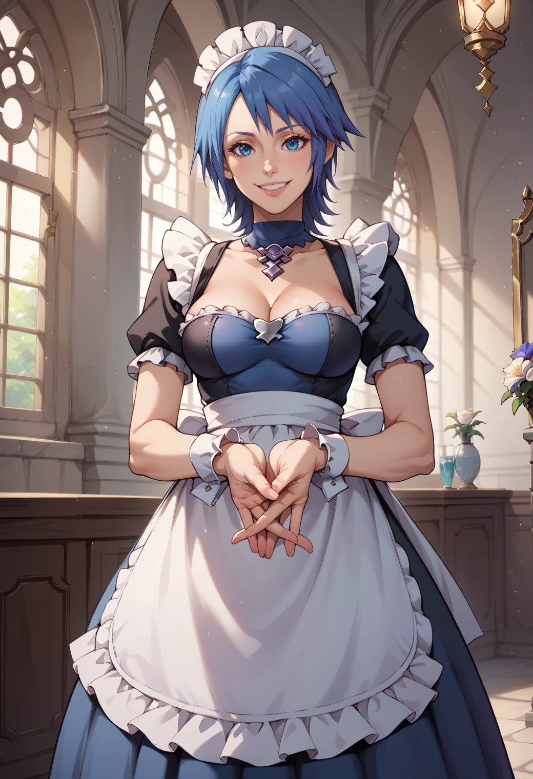 score_9,score_8_up,score_7_up,source_anime BREAK <lora:Aqua_(Kingdom_Hearts)_V2:0.8>,high detail,good hands,perfect hands,1girl,solo,aqua (kingdom hearts),smile,maid,maid headdress,maid apron,cowboy shot,mansion foyer