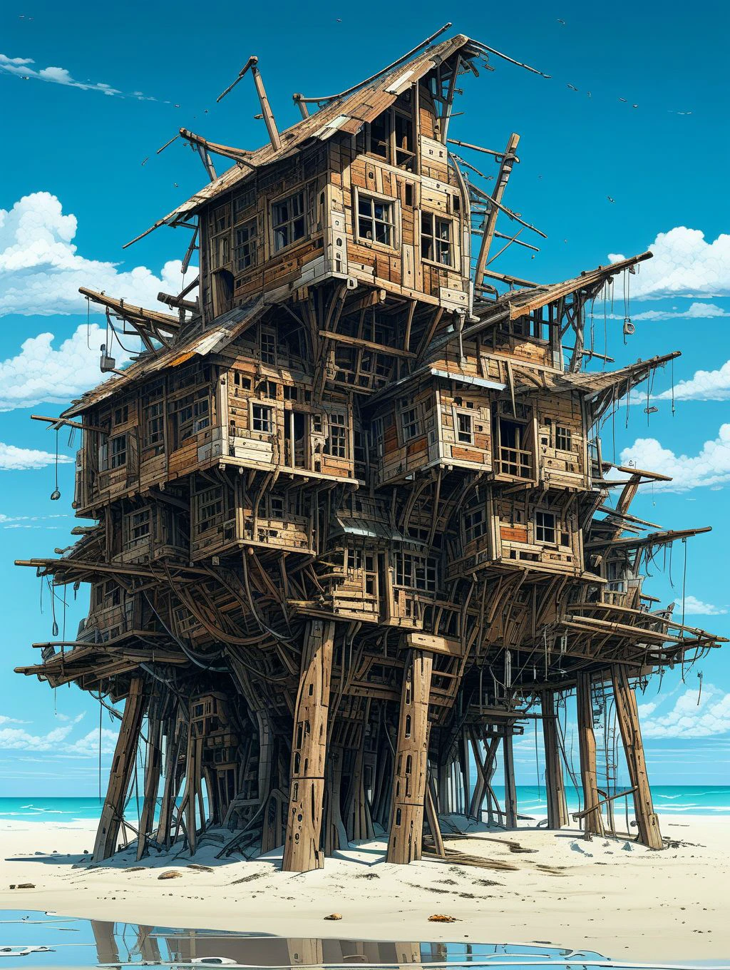 a large wooden structure on a beach
WastCity <lora:Wasteland_City_XL:1>, detailed background, intricate, high quality exquisite details and textures, highly detailed, warm lighting, sharp focus, HDR, 8k high resolution