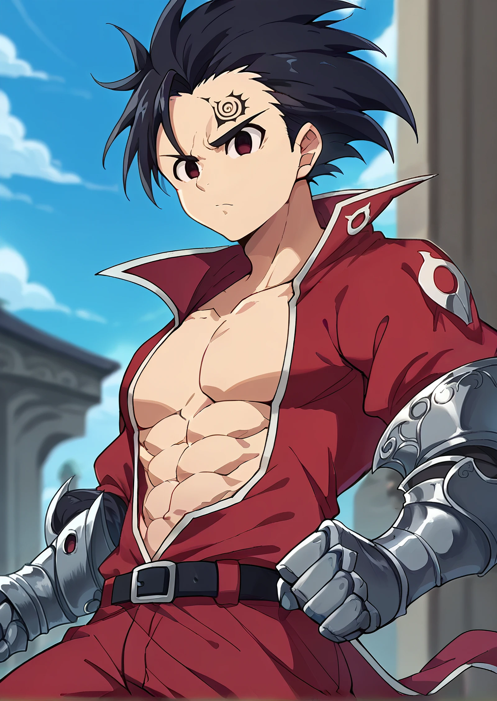 score_9, score_8_up, score_7_up, 1boy, solo, male focus, ponyzeldris, black hair, short hair, spiked hair, black eyes, red eyes, empty eyes, facial mark, gauntlets, red jacket, open clothes, red pants, belt, armor, abs, standing, cool pose, looking at viewer, <lora:Zeldris_Nanatsu_no_taizai_pony-000001:1>