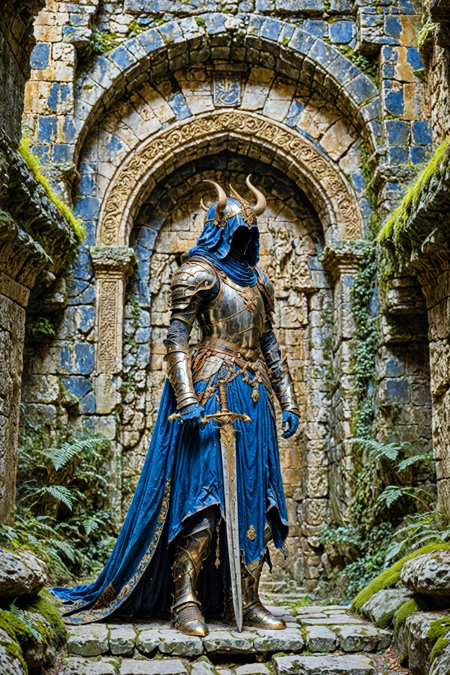 A mysterious figure standing in front of an ancient stone archway. The figure is adorned in ornate blue armor with intricate gold detailing, a long blue cloak, and a helmet with large curved horns. The armor is heavily decorated with various patterns and symbols. The character holds a long, silver sword in their right hand. The backdrop consists of weathered stone walls with moss and other vegetation growing in crevices. The archway behind the figure seems to lead to a dimly lit area, possibly a cave or a dungeon.<lora:EMS-388887-EMS:0.800000>