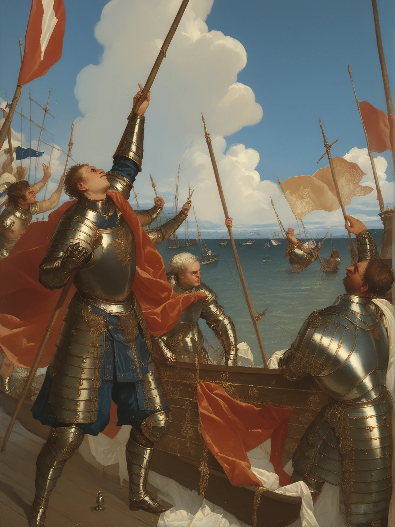 score_9, score_8_up, score_7_up, score_6_up, armor, boat, multiple man, flag, <lora:Titian_Vecellio-000011:1>