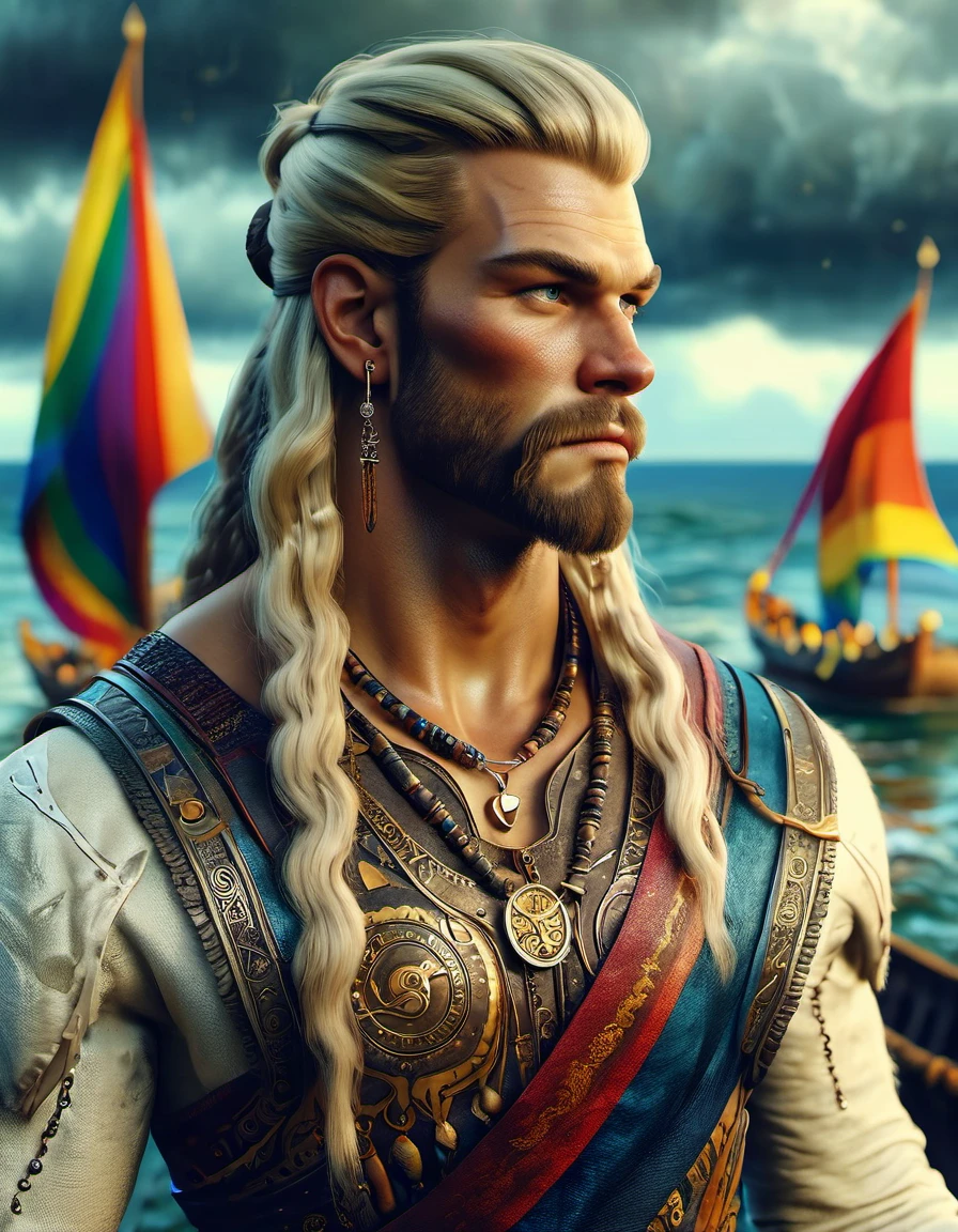 cinematic shot of a Steerage (Rollo from Vikings:1.1) , the Male is very Smart, Disgusting, dressed in ral-realpride, his hair is Blonde and styled as Mullet, at Midday, Wide view, dark art, (designed by Gris Grimly:0.9) , Bruce Coville, <lora:ral-realpride-sdxl:0.7>, sublime, vibrant, elegant, dynamic background