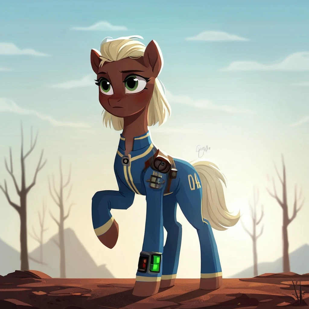 score_9, score_8_up, score_7_up, score_6_up, score_5_up, score_4_up,  
source: illustration, Vault_Girl,fallout, expressive, full body, pony, feral, cute, beautiful, pretty,wearing a blue jumpsuit, (at a fallout wasteland, appocalyptic landscape :1.1),blonde hair,brown fur, highly detailed, intricate details, digital art, perfect anatomy, perfect proportions, 4k, (dynamic pose:1.15), <lora:art_digi_pony:1>