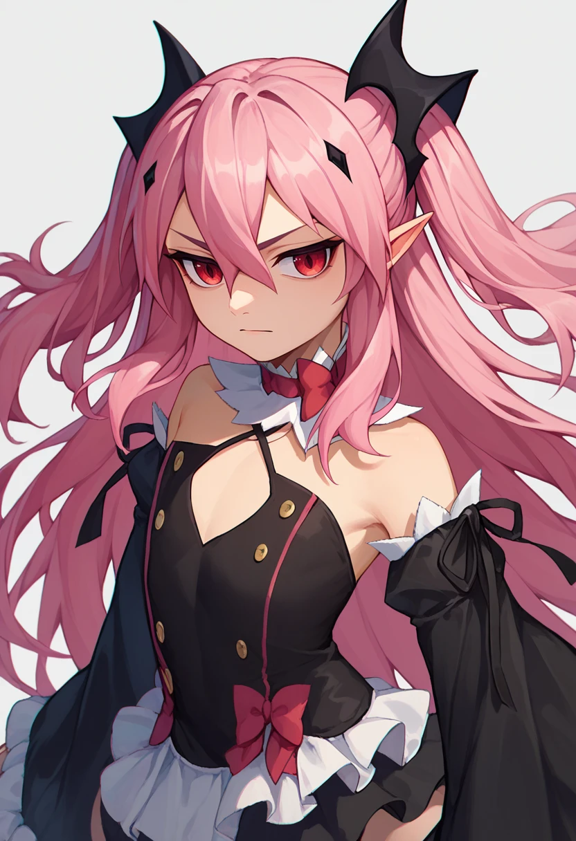 score_9, score_8_up, score_7_up, 1girl, solo, Krul, two side up, pink hair, red eyes, pointy ears, hair ornament, detached sleeves, bowtie, detached collar, black dress, black skirt, <lora:Krul_1-000007:1>