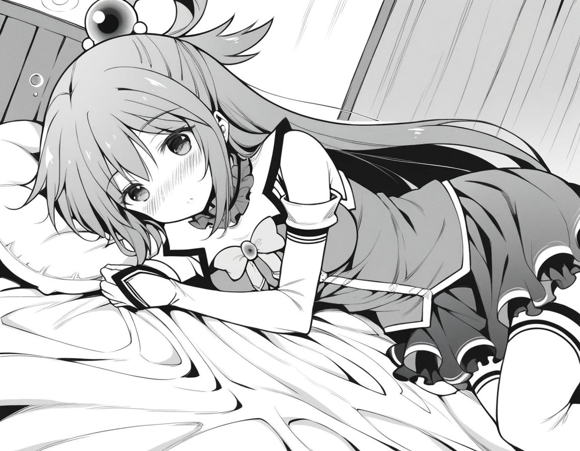 score_9, score_8_up, score_7_up, source_anime,
konosubaaqua, <lora:konosuba-aqua-manga-ponyxl-lora-nochekaiser:1>,
aqua \(konosuba\), long hair, hair ornament, very long hair, hair rings, single hair ring, hair bobbles, monochrome, greyscale,
skirt, shirt, thighhighs, bare shoulders, detached sleeves, white thighhighs,
indoors, bed, bed room, on side, blush, drunk,
looking at viewer, cowboy shot, dutch angle, solo,