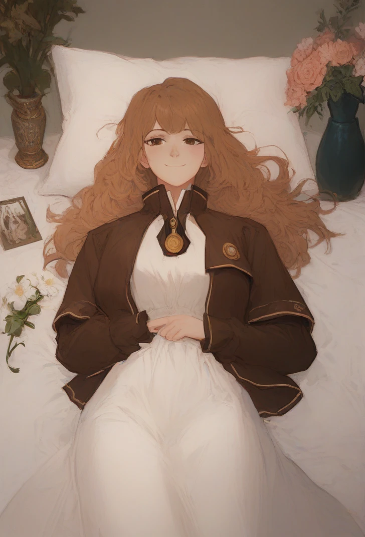 (score_9, score_8_up:1.1), score_7_up, masterpiece, <lora:Catherine_Limbus_Company:1>, CatherineLimbus, NormalCatherine, 1girl, solo, long hair, looking at viewer, smile, brown hair, brown eyes, closed mouth, jacket, flower, lying, on back, pillow, bed, on bed, meme, vase