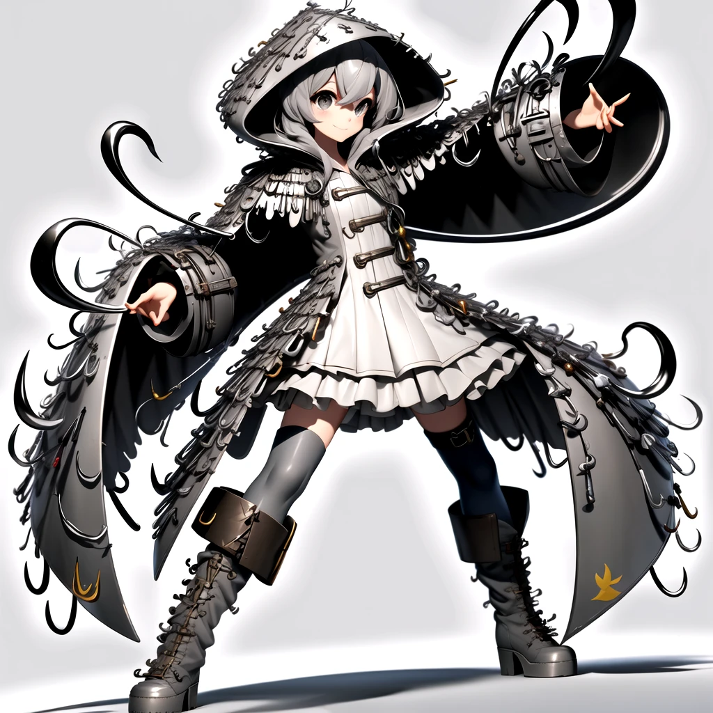 <lora:kagidumeishou_v1:1>, kagidumeishou, 1girl, solo, boots, thighhighs, hood, (light grey hair:1.5), light grey skin, looking away, (dynamic pose:1.5), (dynamic angle:1.5), dress, (hooded robe:1.5), full body, white thighhighs, standing, (light grey eyes:1.5), short hair, brown footwear, (white background:1.5), (simple background:1.5), frills, hood up, cloak, smile, frilled dress, long boots