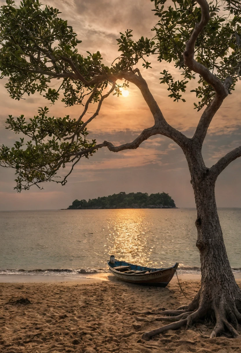 The image features a serene scene of a small boat tied to a tree on a beach. The boat is positioned near the center of the scene, with the tree extending towards the right side of the image. The sky in the background is filled with clouds, creating a peaceful atmosphere.
In addition to the boat and tree, there are two people in the scene. One person is located near the left side of the image, while the other person is positioned closer to the center. The presence of these individuals adds a sense of life to the otherwise tranquil setting., (sunset:1.2), (moon:1.2), cinematic photo, 4k, uhd, hdr, 35mm photograph, film, bokeh, professional, highly detailed, F2.8, RAW Photo, ultra detailed, sharp focus, RAW imagery, 8K UHD graphics, DSLR allure, soft lighting, meticulous detail, nuanced film grains.