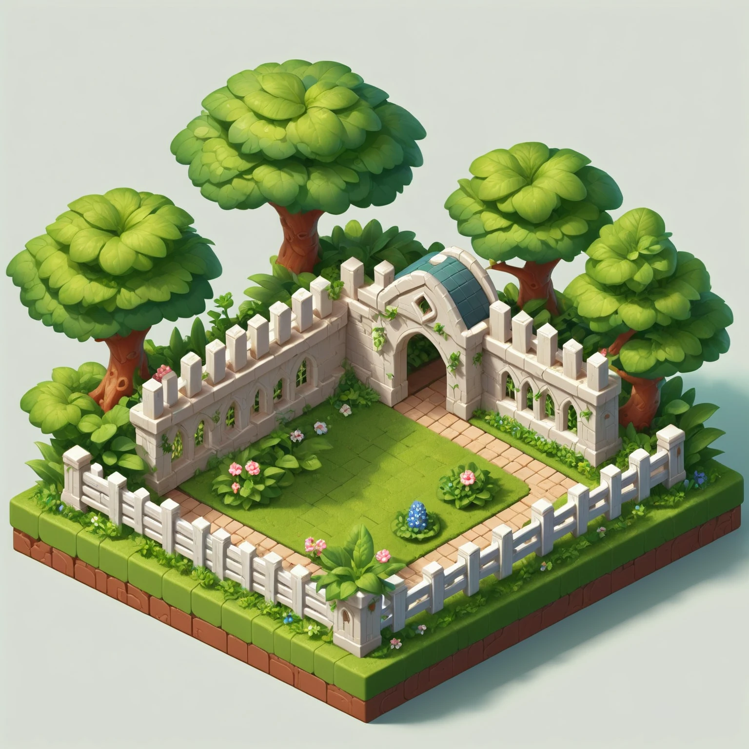 Elven Architecture Isometric view of garden with fence, gates, and courtyard <lora:Elven Structures Isometric:1>