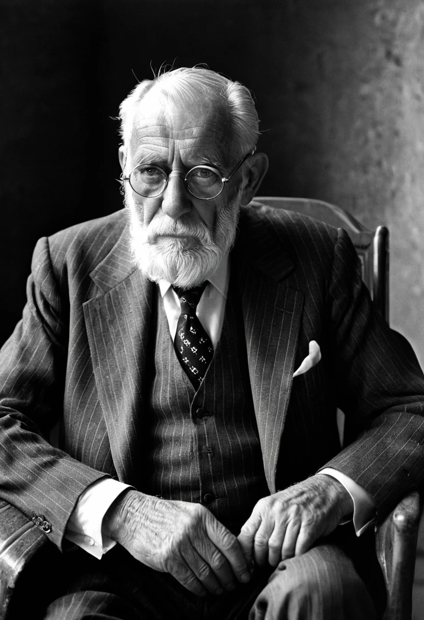 ((RAW photography by Martin Deschambault)), monochrome b&w, ((film grain texture)), analog photography aesthetic, Elderly gentleman, full white beard, deep-set eyes, thoughtful expression, holding eyeglasses, ((pinstripe suit)), white shirt, patterned tie, seated in wooden chair, old office setting, soft lighting highlighting facial textures, timeless elegance, classic portraiture reminiscent of old master paintings, naturalistic pose suggesting wisdom and contemplation, stark contrast accentuating fine details and textures of hair and fabric, indicative of early 20th-century photographic styles