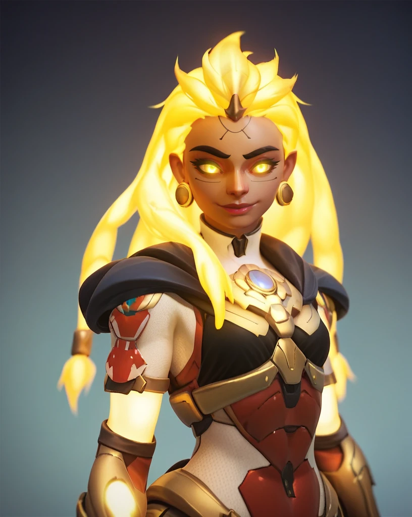 score_9, score_8_up, score_7_up, score_6_up, 2d, 1girl, face, illari (Overwatch) , skinny, <lora:illari_pony-000030:1>, looking at viewer, slight smile, scifi city background, yellow glowing hair, yellow glowing eyes