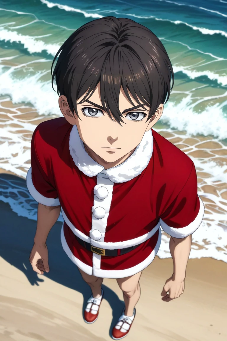 score_9, score_8_up, score_7_up, source_anime, rating_safe, intricate details, (photorealistic:0.6), looking at viewer, , 1boy, solo, male focus, <lora:naoto_tachibana_pony:0.9>, naoto_tachibana, black hair, grey eyes, short hair, hair between eyes, from above, full body, beach, ocean, waves, island, day, sunny, legs together, relaxed, santa claus costume, <lora:sdxl_lightning_8step_lora:1>