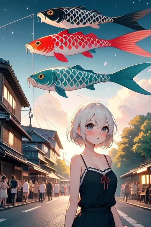 (((masterpiece))), (((best quality))), (((koinobori))), (((colorful carp))), (((flagpole))), ((carp streamer)), looking up, parted lips, floating hair, camisole, walking, busy, street, alley, sky, wind, tree, petals, greenery, lamppole, power pole, low house, japan building, ((crowd)), ((vendors)), ((summer festival)), ((night)), (((starry sky))), solo, 1girl, white hair, short hair, cleavage, big tits, shy, blush, slim figure, <lora:girllikekoinobori:0.9>