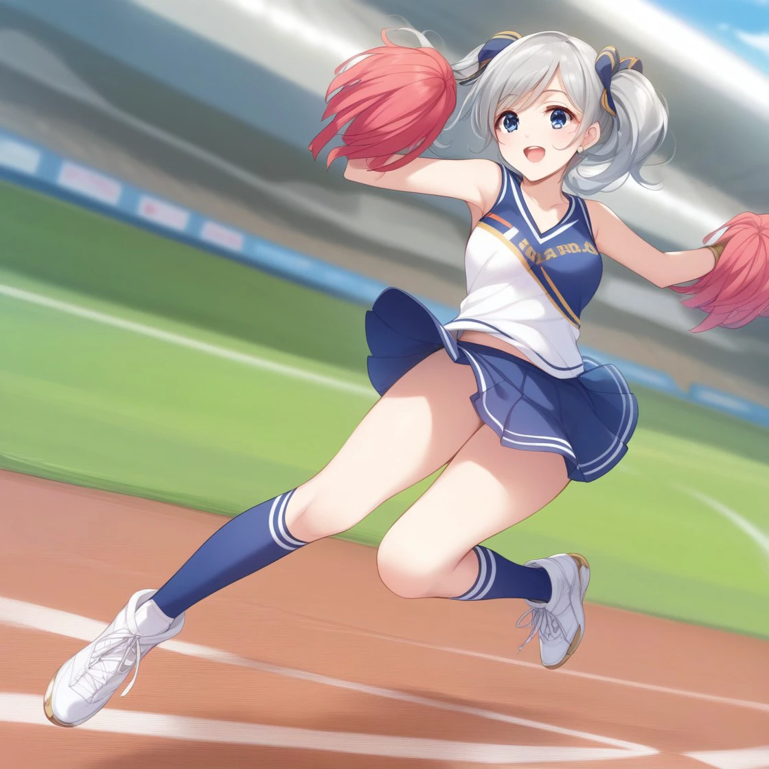 akari, <lora:akari_pony_XL:1>, silver hair, source_anime, score_9, score_6_up, score_5_up, score_4_up, BREAK rating_safe, best quality, masterpiece, ultra-detailed, detailed, beautiful detailed eyes, beautiful detailed face, anime coloring, official style, 8K, highres, 1girl, cheerleader, jumping, open mouth, football stadium, full body