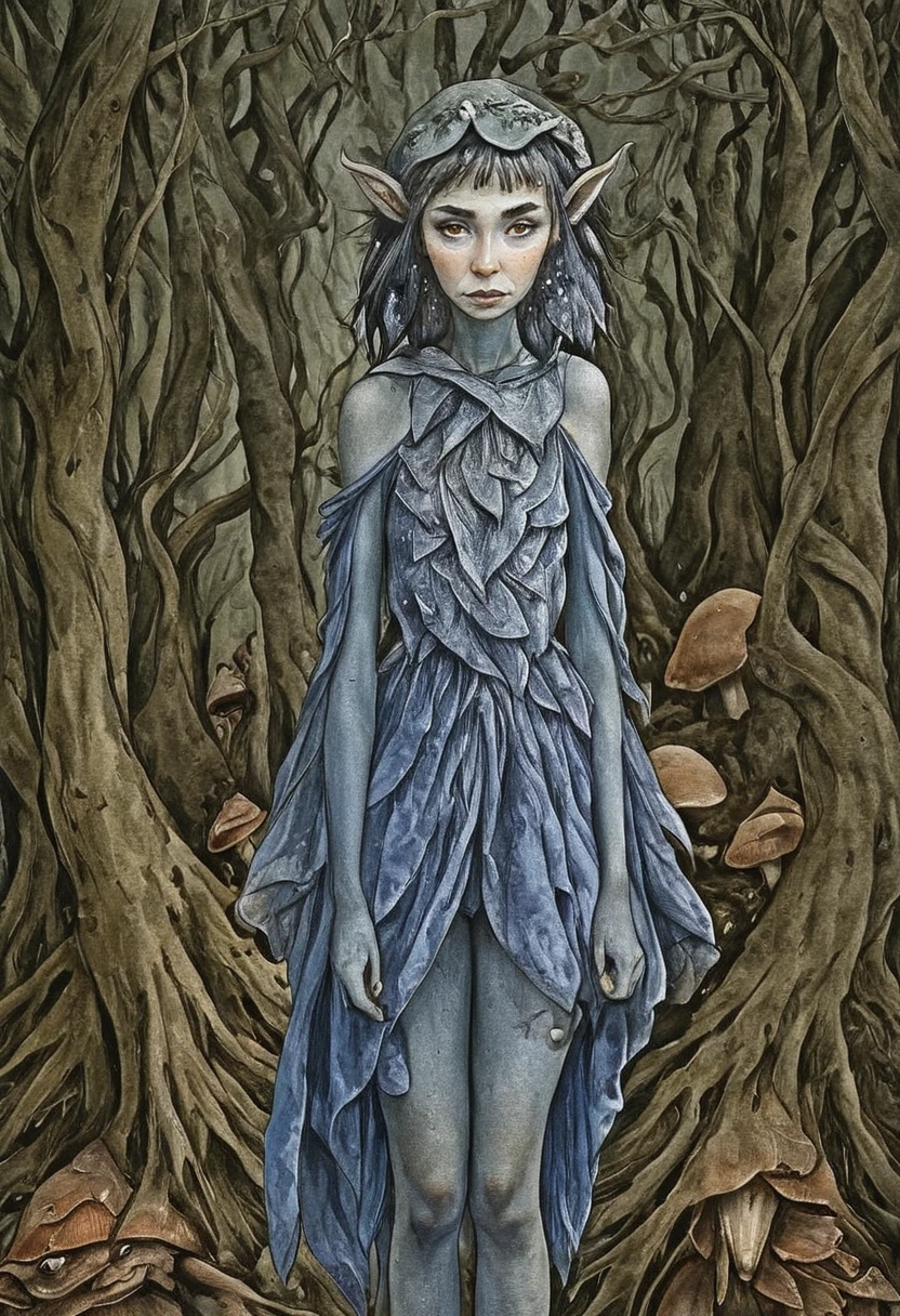 A detailed watercolor portrait of a female elf with a quirky and playful appearance. The elf has fine features, with pointy ears, black eyes and a serene expression. It stands upright, wearing multiple layers of clothing. The background is filled with mushrooms and twisted trees, creating an enchanting yet eerie atmosphere. The color palette is predominantly cool tones, with shades of blue and grey. The overall style is reminiscent of a fantasy sketchbook illustration, with intricate shading and a sense of ethereal beauty. <lora:Froud-000006:1>, <lora:Perfect Hands:0.8>