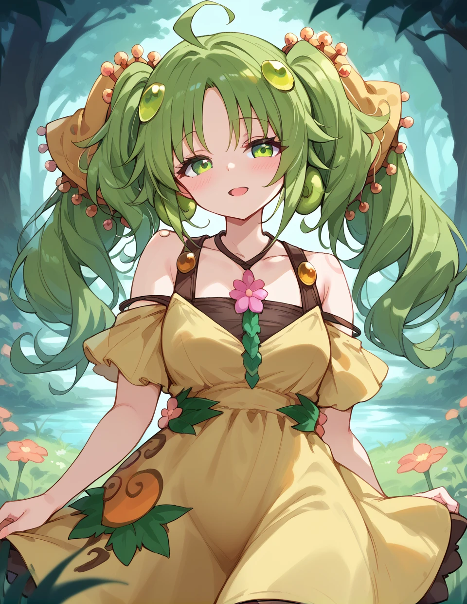 score_9,score_8_up,score_7_up,score_6_up,score_5_up,score_4_up,close-up,
1girl,solo,<lora:traptrixsera_pony:1>,traptrix sera,green hair,twintails,green eyes,dress,yellow dress,
ahoge,hair ornament,looking at viewer,forest,grass,blush,flower,
