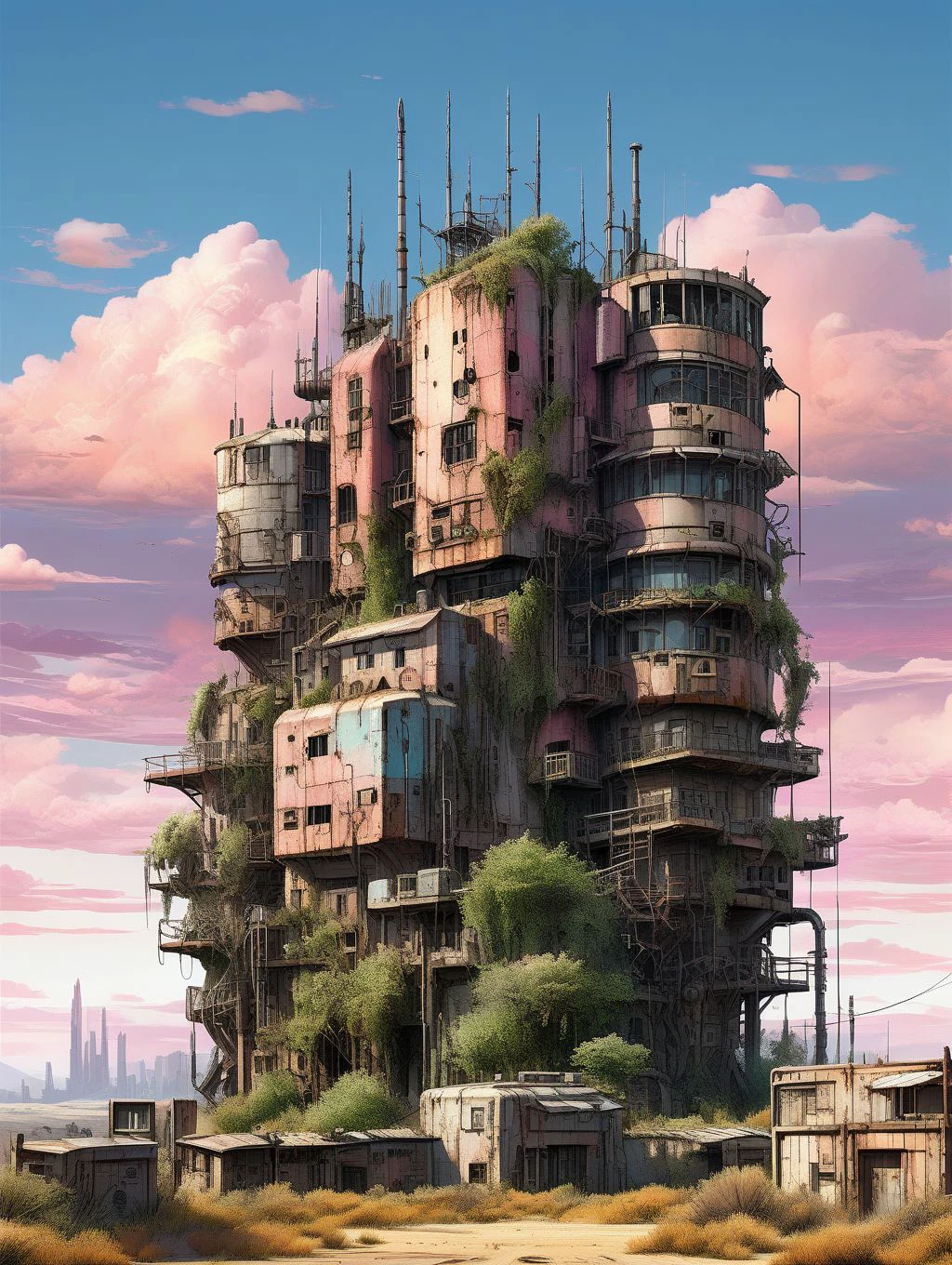 Futuristic landscape of a post-apocalyptic city in the desert, rusted buildings and towers, with a lot of character and detail, overgrown walls, concept art for sci-fi movies or games,  pink sunset, curly clouds
WastCity <lora:Wasteland_City_XL:1>, detailed background, intricate, high quality exquisite details and textures, highly detailed, warm lighting, sharp focus, HDR, 8k high resolution