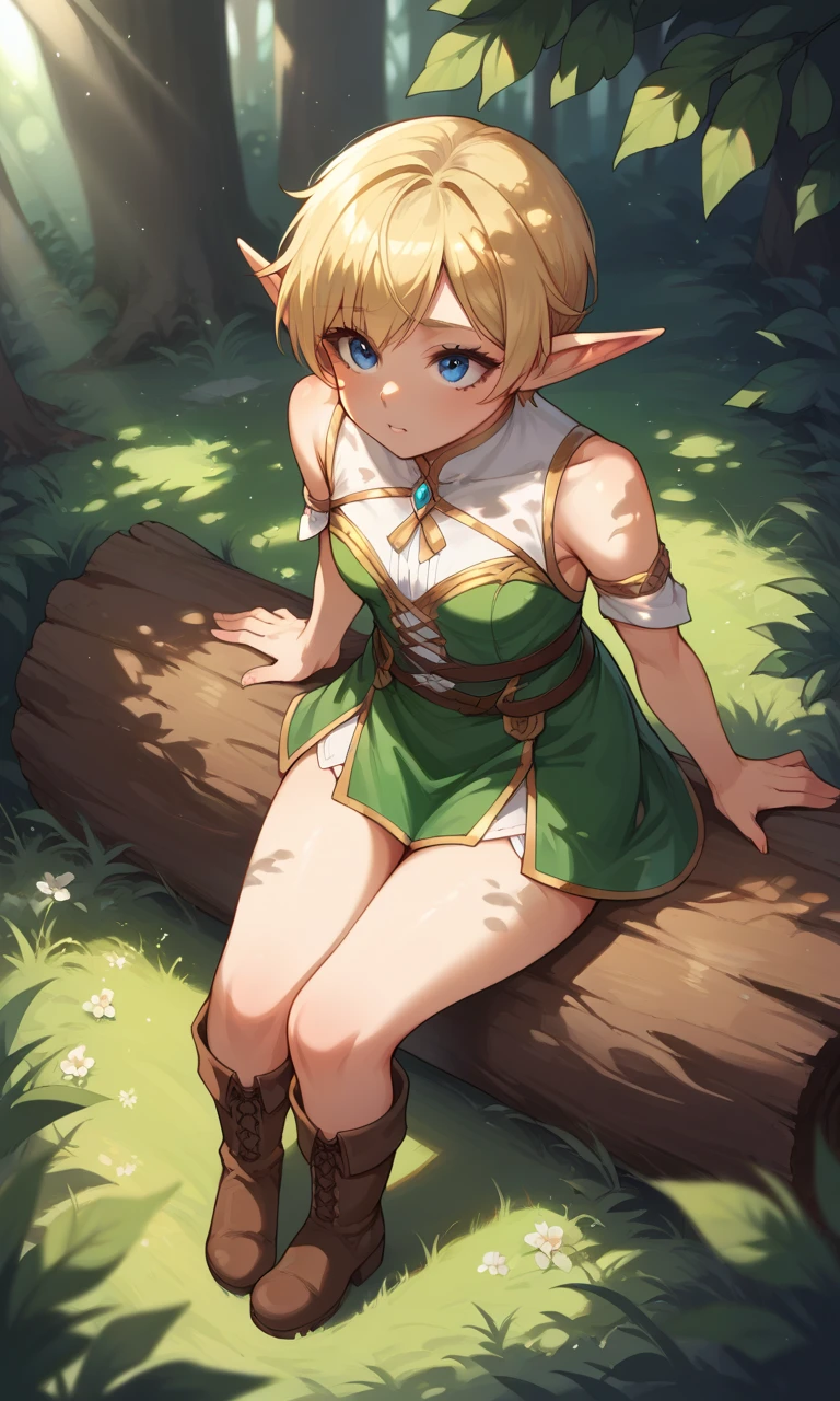 score_9, score_8_up, score_7_up, score_6_up, score_5_up, score_4_up, source_anime, BREAK, 1girl, solo, elf girl, elf ears, pixie, sitting on log, forest, blue eyes,from above,looking up,ground,blonde hair,(dappled sunlight:1.2),blurry,depth of field, boots,leaf