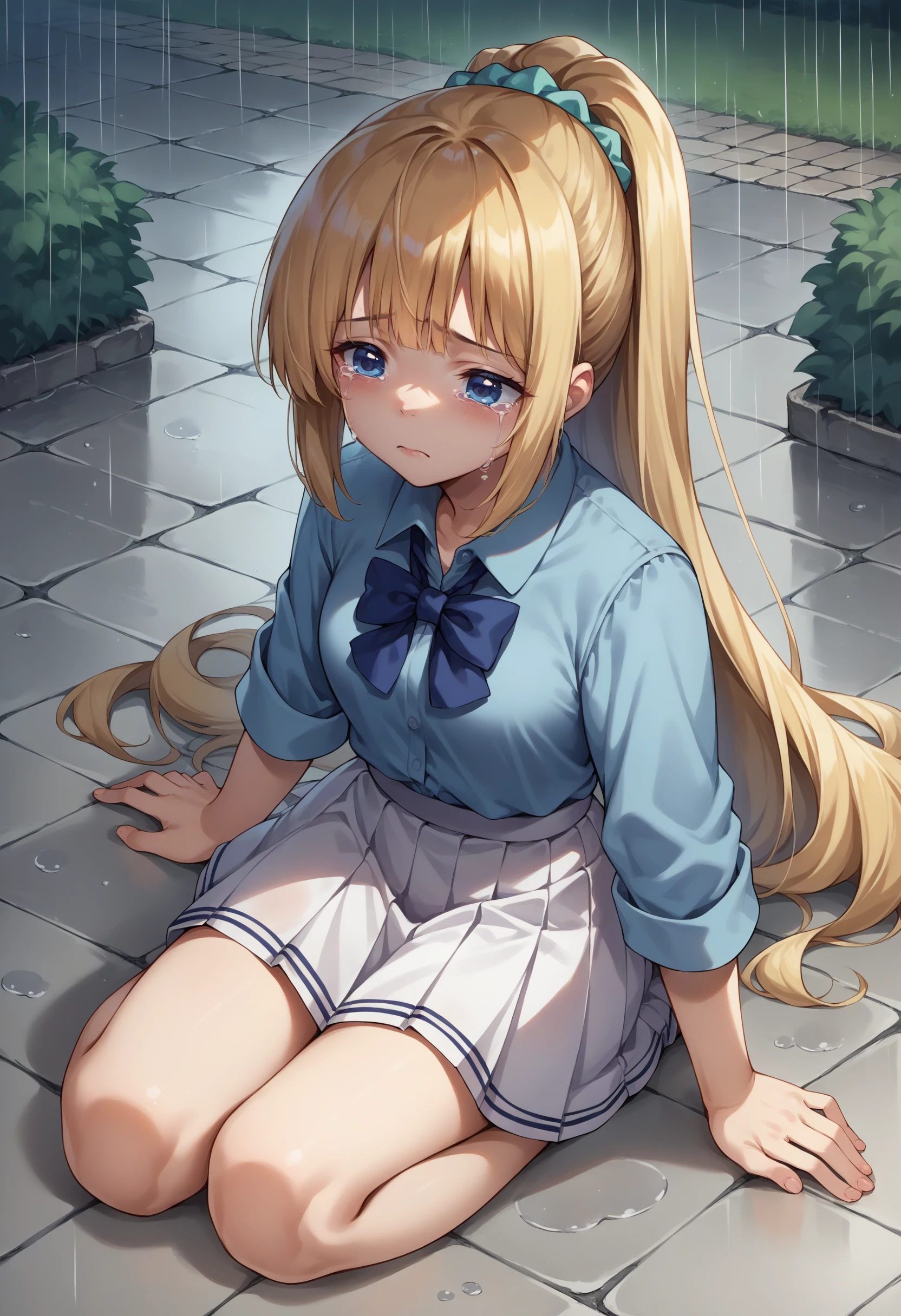 score_9, score_8_up, source_anime, 1girl, solo, KaruizawaBase, ponytail, hair scrunchie, school uniform, blue shirt, bowtie, white skirt, on floor, stone floor, outdoors, rain, crying, sad, tears, <lora:ChamKeiKaruizawaPonyXL:1>