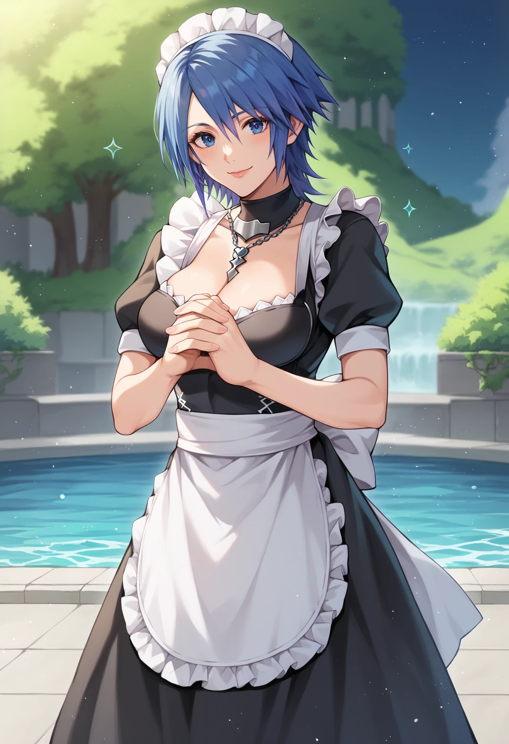 score_9,score_8_up,score_7_up,source_anime BREAK <lora:Aqua_(Kingdom_Hearts)_V2:0.8>,high detail,good hands,perfect hands,1girl,solo,aqua (kingdom hearts),smile,maid,maid headdress,maid apron,cowboy shot,mansion foyer