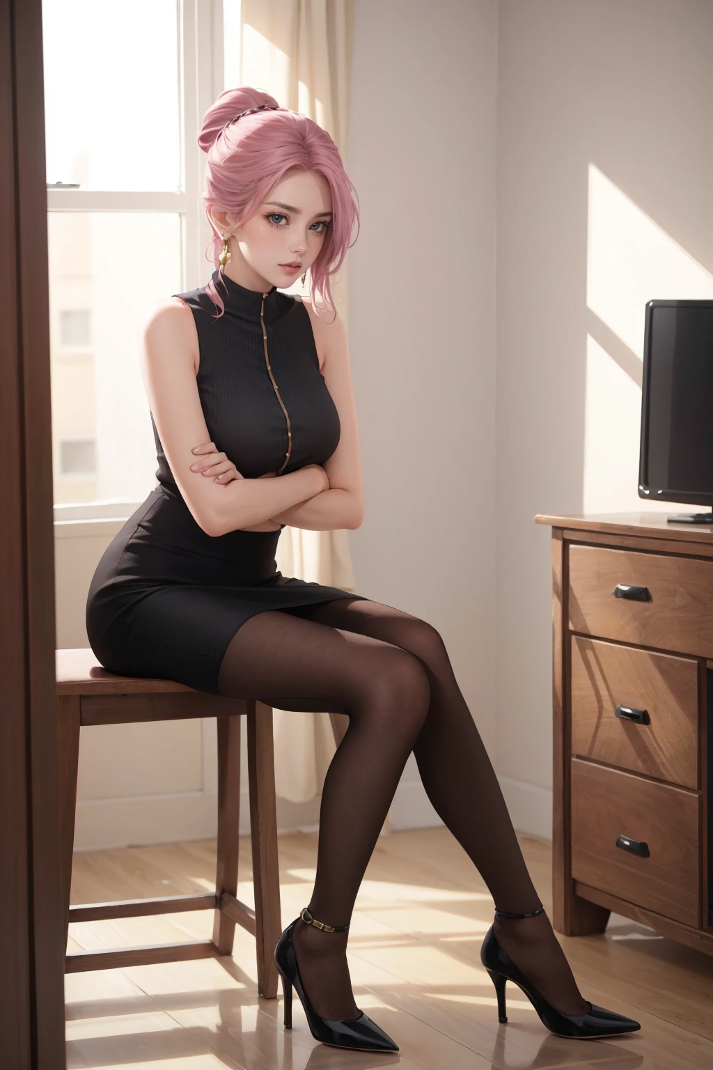 1lady,indoor,office,crossed arms BREAK
elise,pink hair,hair bun,offce lady,earrings,sleeveless,pencil skirt,pantyhose,high heels,<lora:elise_v07:0.9>,