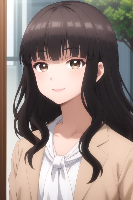 ((masterpiece)),(best quality),official art,extremely delicate and beautiful,extremely detailed CG,unity 8k wallpaper,ultra detailed,beautiful detailed eyes,extremely detailed face,outdoors,1girl,solo,upper body,(portrait:1.5),looking at viewer,facing viewer,smile,long hair,wavy hair,brown hair,sidelocks,blunt bangs,brown eyes,collarbone,brown jacket,blazer,open clothes,open jacket,white neckerchief,white shirt,long sleeves,medium breasts,skindentation,black pants,high heels,pink footwear,<lora:Fujimiya Shihoko(otidnsk)>,