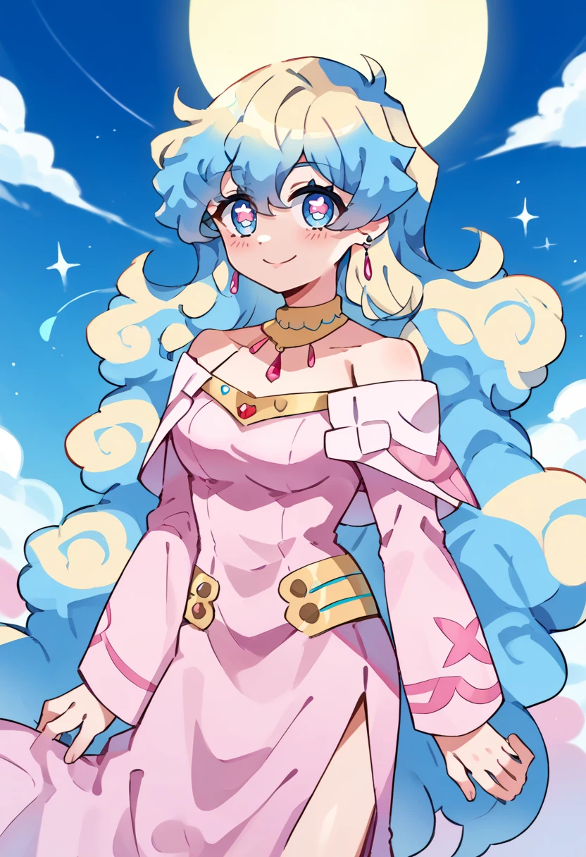 score_9, score_7_up, source_anime, BREAK smile, <lora:NiaS2-000009:1> nias2, 1girl, blue eyes,symbol-shaped pupils, very long hair, blonde hair, blue hair, two-tone hair, medium breasts, earrings, jewelry, pink dress, bare shoulders, long sleeves,
<lora:Momoiiroo_Art_Style_PonyXL:1> momoiiroo,