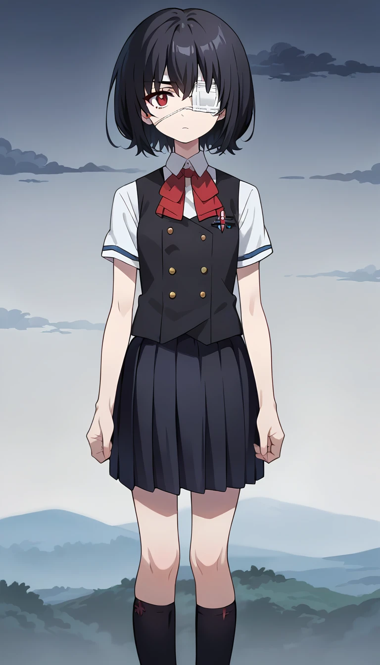 score_9, score_8_up, score_7_up, source_anime, masterpiece, 1girl, solo, meimisaki, black hair, red eyes, medical eyepatch, school uniform, black vest, pleated skirt, bow, short sleeves, looking at viewer, black kneehighs, cowboy shot, <lora:MisakiMeiPONY:1>, anime screencap, night sky, sky, dark clouds, dark, depressed,