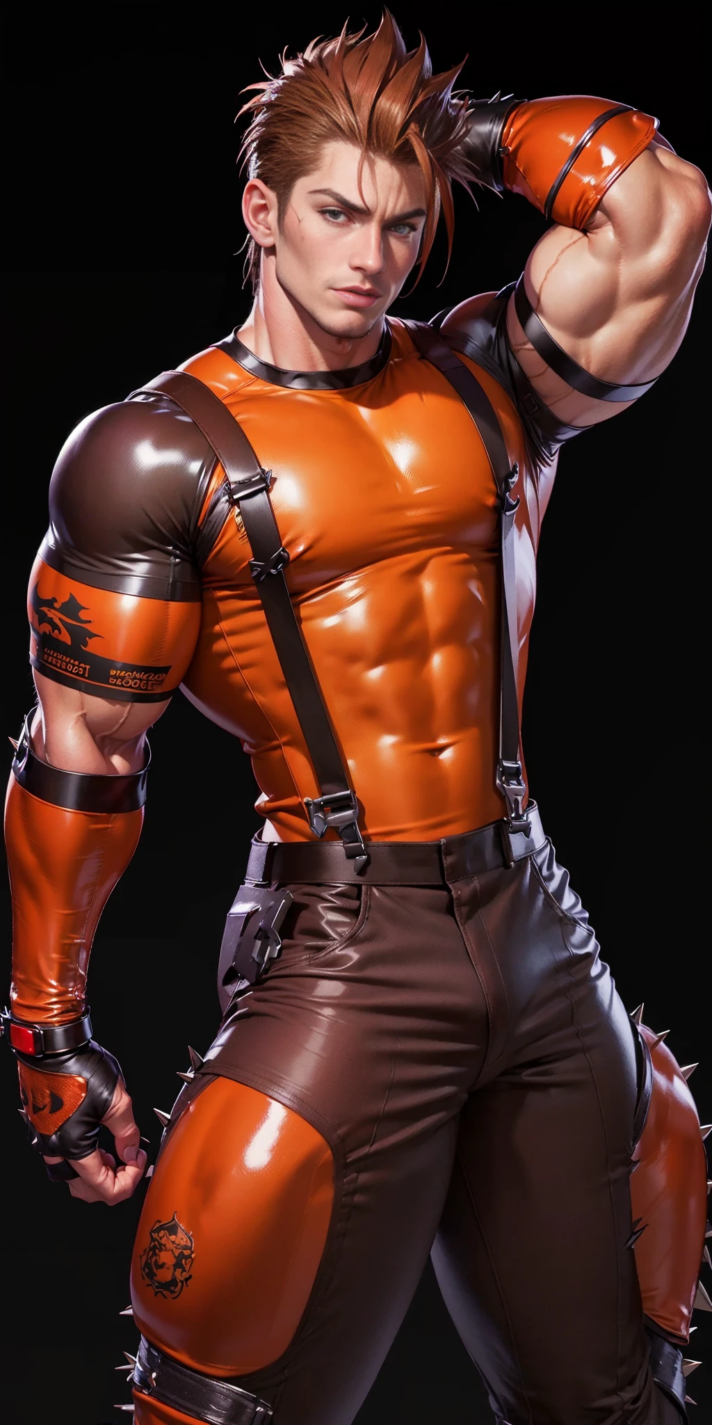 ((best quality)), ((masterpiece)), ((realistic)), (detailed)
shiny latex , muscular male, muscled, muscular,
1boy,
jimmyrd,  t-shirt, armband, brown hair, pants, suspenders,   scar,   spiked hair,  . fingerless gloves, male focus, red and black shirt, crest
shirt, elbow pads, fire, (long hair:0.7),
 <lora:Jimmy:1>