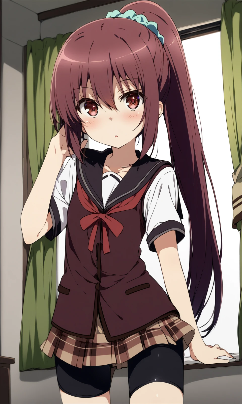 masterpiece, best quality, by ogipote, BREAK
suzukiikumi, 1girl, bike shorts, brown eyes, brown hair, cowboy shot, curtains, hair scrunchie, long hair, looking at viewer, plaid, pleated skirt, ponytail, school uniform, scrunchie, serafuku, short sleeves, skirt, solo,
<lora:SuzukiIkumi_XL:1>