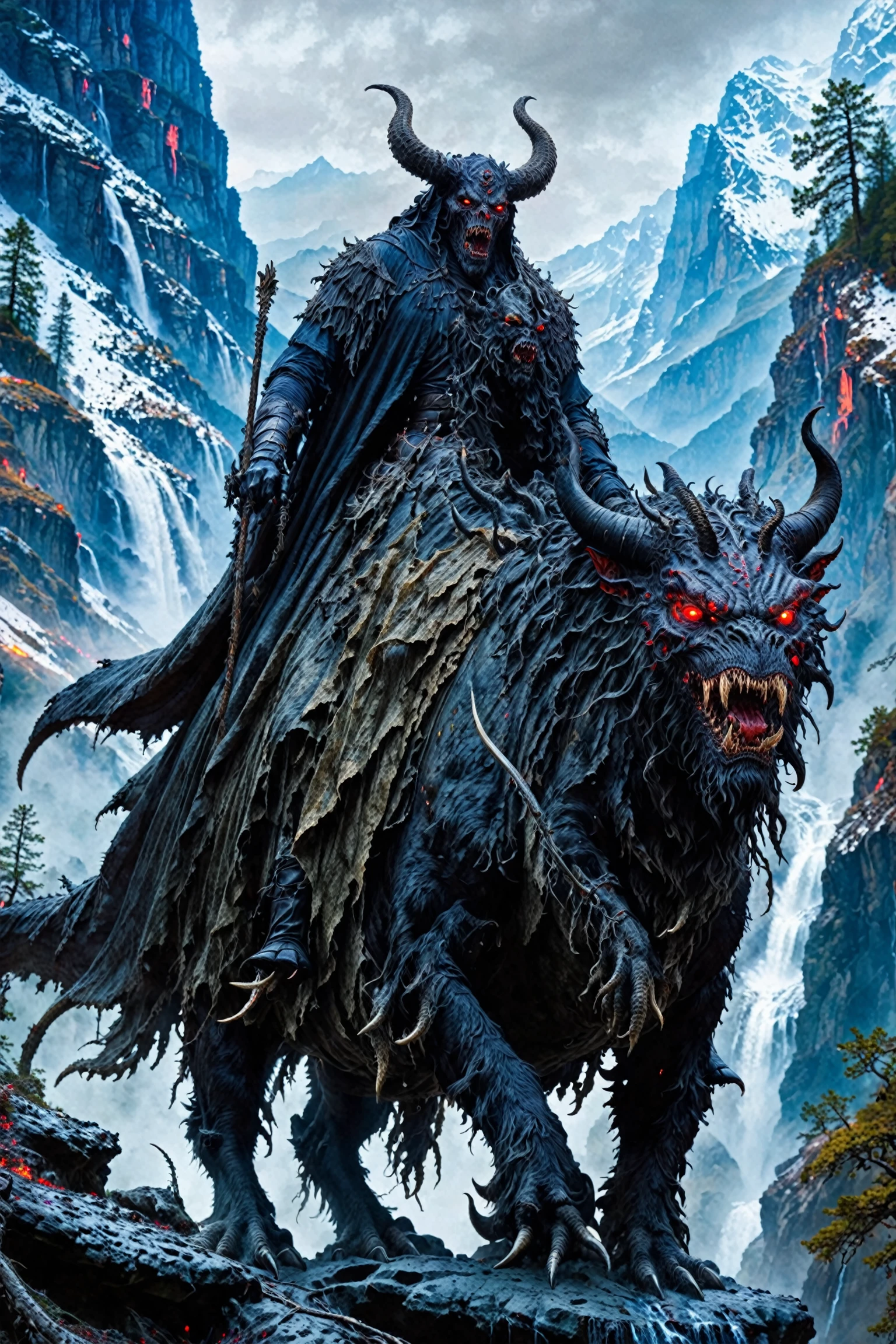 A menacing figure, possibly a demon or a mythical creature, riding a beast with glowing red eyes. The creature has large, curved horns and is draped in tattered, dark clothing. The backdrop is a rugged mountainous terrain with snow-capped peaks, dense forests, and cascading waterfalls. The atmosphere is misty and eerie, suggesting a cold, possibly haunted, environment.<lora:EMS-388887-EMS:0.800000>