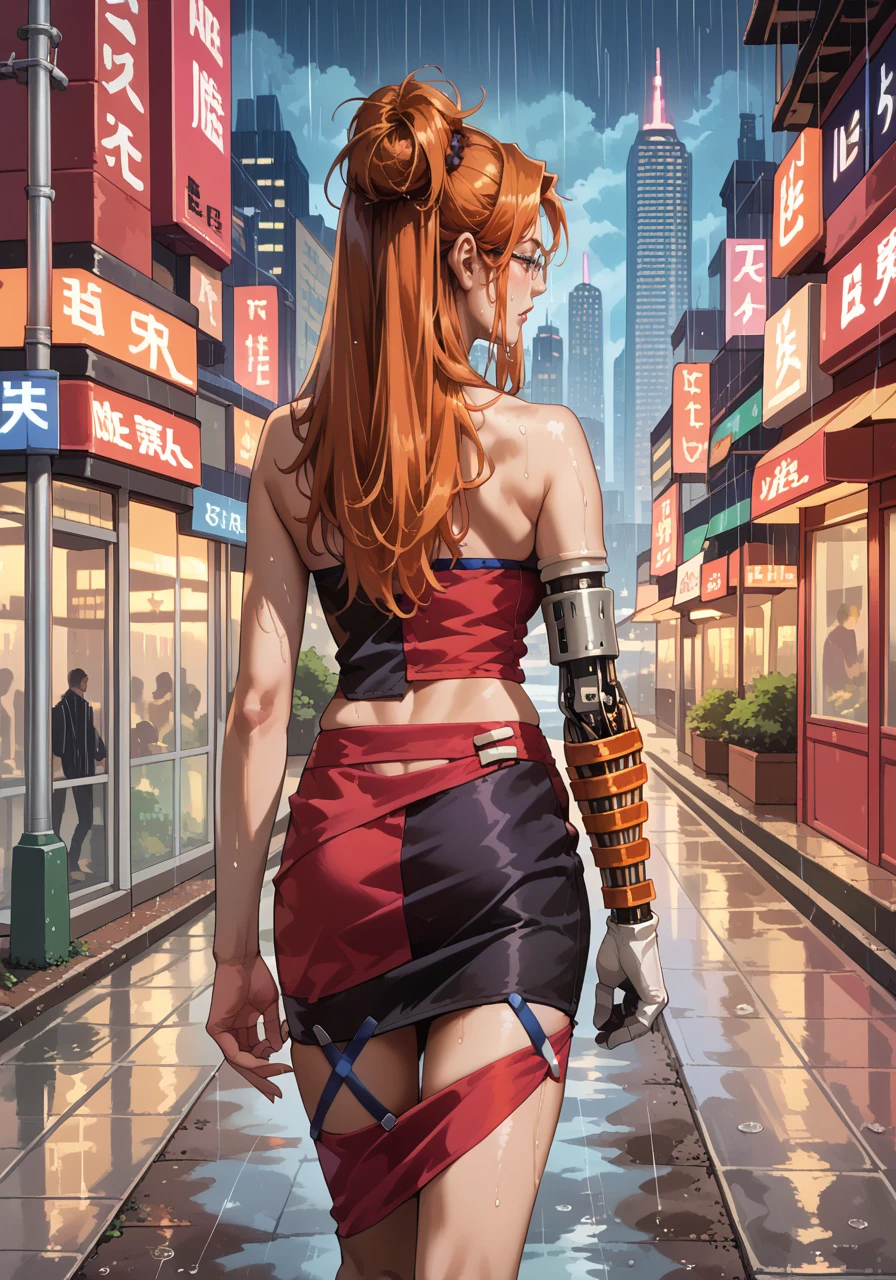 score_9, score_8_up, score_7_up, source_anime, <lora:Shalua_Rui_-_Final_Fantasy_VII:1>, shalua, mature woman, solo, mechanical left arm, glasses, orange hair, cowboy shot, walking, from behind, city, raining, skirt, criss-cross halter, long hair,