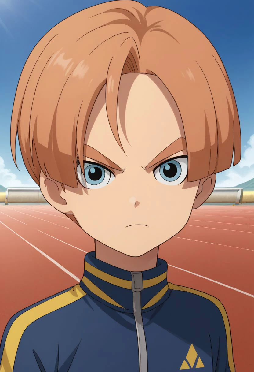 score_9, score_8_up, source_anime, highly detailed, 1boy, solo
malik, male focus, 1boy, solo, blue eyes, sportswear, jacket, track jacket, track suit, upper body, looking at viewer, orange hair, serious, focused,
outdoor,