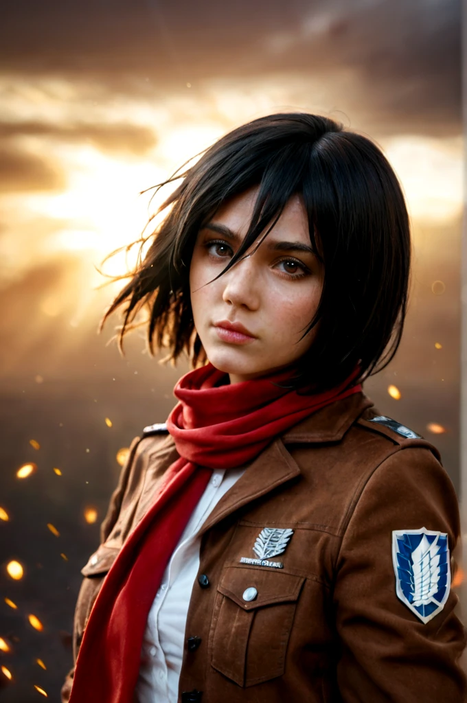 (ZPDXLrl),
1girl, solo, looking at viewer, short hair, bangs, shirt, black hair, hair between eyes, brown eyes, closed mouth, jacket, white shirt, upper body, open jacket, lips, windswept hair, portrait, red scarf, brown jacket, nose, emblem, paradis military uniform, embers, survey corps (emblem), mikasa ackerman, sparkle, flakes