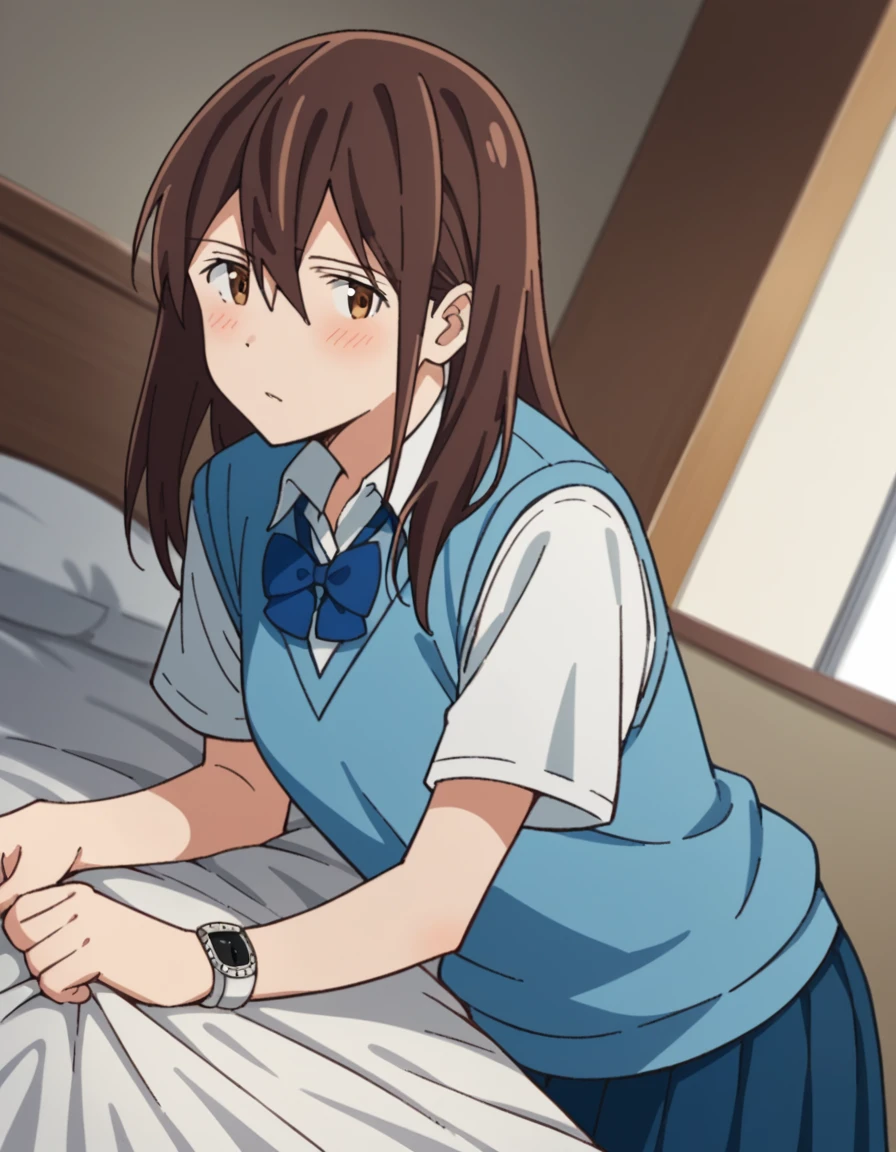 score_9, score_8_up, score_7_up, source_anime,
sakurayamauchi, <lora:sakura-yamauchi-movie-ponyxl-lora-nochekaiser:1>,
sakura yamauchi, long hair, brown hair, brown eyes, hair between eyes,
skirt, shirt, bow, school uniform, pleated skirt, watch, wristwatch, pleated skirt, short sleeves, collared shirt, sweater vest, blue sweater vest,
indoors, bed, bed room, on side, blush, drunk,
looking at viewer, dutch angle, cowboy shot,
