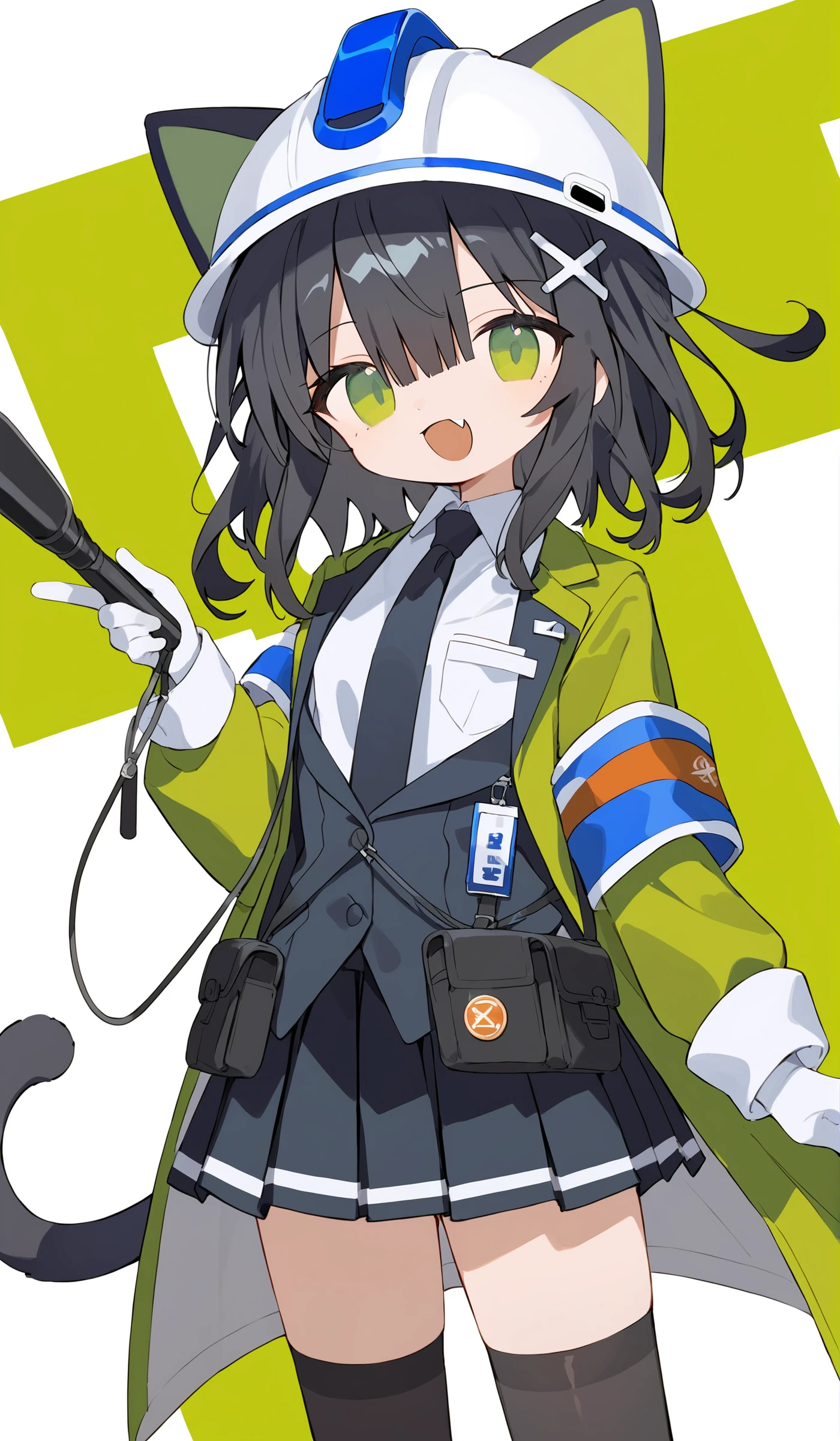 1girl,skirt,solo,white gloves,holding,gloves,tail,thighhighs,looking at viewer,bangs,green eyes,pleated skirt,long sleeves,necktie,open mouth,hair ornament,black thighhighs,black necktie,jacket,armband,helmet,black skirt,hardhat,x hair ornament,fang,black hair,white background,hair between eyes,black jacket,white headwear,cowboy shot,bandaid,cat tail,hand up,shirt,simple background,animal ears,white shirt,collared shirt,zettai ryouiki,eyes visible through hair,skin fang,standing,medium hair,<lora:6.1:0.8>,, score_9,score_8_up,score_7_up,Expressiveh,rating_safe,(masterpiece, best quality)