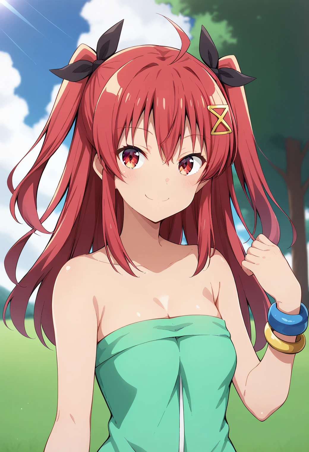 score_9, score_8_up, score_7_up, source_anime, 4RCH0N, 1girl, mature, toned skin, red hair, long hair, bandaged arm, bandaged leg, bandaged neck, bandages, bandaid on arm, bandaid on cheek, blush, breasts, collarbone, hair flower, hair ornament, horns, red eyes, sarashi, smile, solo, upper body, wrist wrap, mummy costume, looking at viewer, flower, detailed design, intricate details, simple background