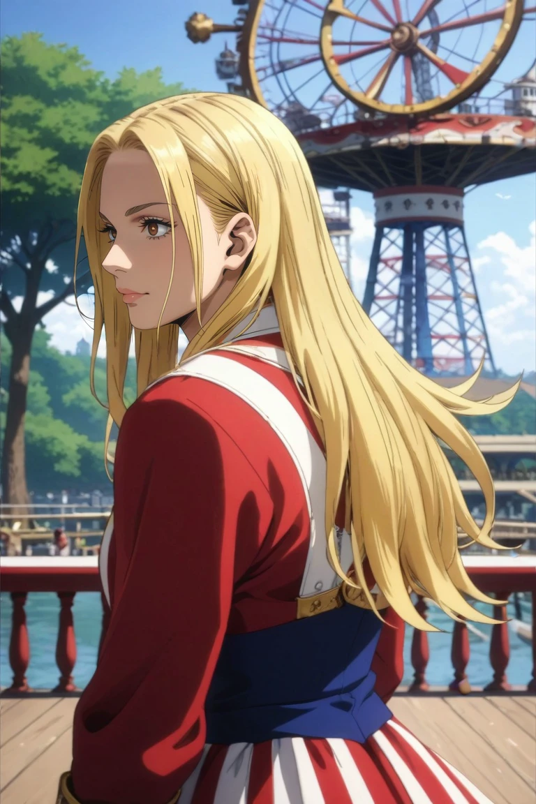 score_9, score_8_up, score_7_up, source_anime, rating_safe, intricate details, (realistic:0.6), , depth of field, 1girl, solo, <lora:cathleen_bate_pony:0.82>, cathleen_bate, blonde hair, brown eyes, long hair, , rule of thirds, amusement park, carousel, ferris wheel, midnight, looking back, relaxed, , <lora:sdxl_lightning_8step_lora:1>