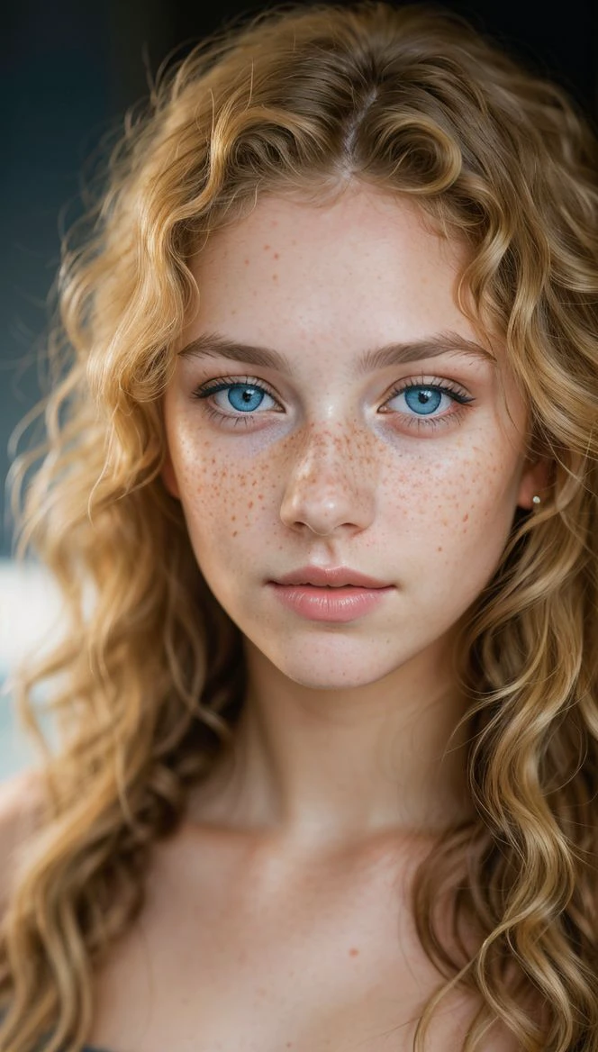 a photo portrait of a beautiful girl with curls and lots of freckles, (dirty blonde hair), (detailed blue eyes), (face portrait:1.5), dramatic light, Rembrandt lighting scheme, (hyperrealism:1.2), (8K UHD:1.2), (photorealistic:1.2), shot with Canon EOS 5D Mark IV, detailed face, detailed hair